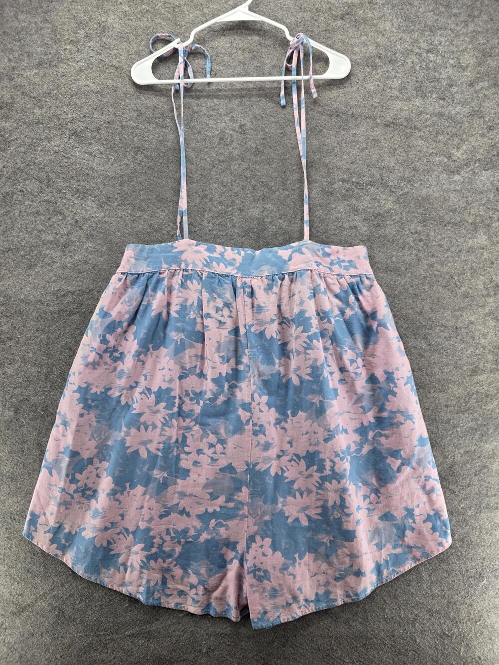 Self Contrast Romper Womens Large Pink Blue Floral Linen Cotton Made USA Summer